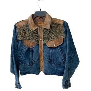 Vintage HAVOC Leather Denim Jean Jacket Women L Long Sleeve Trucker Animal Print